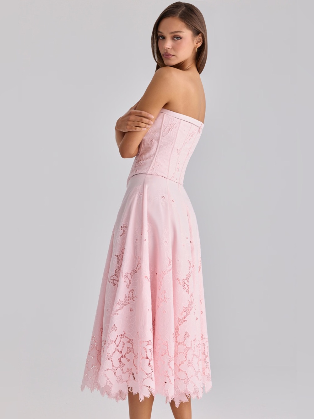 House of CB BELISSA Pink Strapless Custom Lace + Broderie Anglaise Midi Dress - Picture 2 of 11